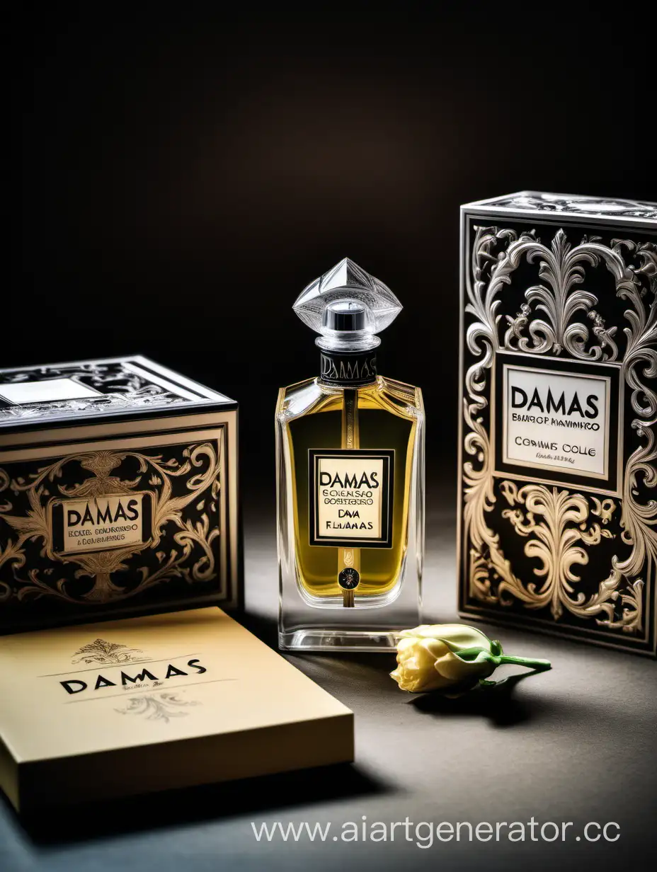 a bottle of damas cologne sitting next to a box, a flemish Baroque by Demetrios Farmakopoulos, instagram contest winner, dau-al-set, dynamic composition, contest winner, feminine