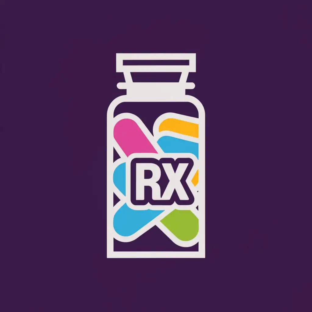 a logo design,with the text 'Pharmacy2u Genuine Prescription Medications' below, main symbol:Large Prescription pill bottle with pills inside and label on bottle to read 'Rx'. Use colors purple blue pink and light teal,complex,be used in Medical Dental industry,clear background
