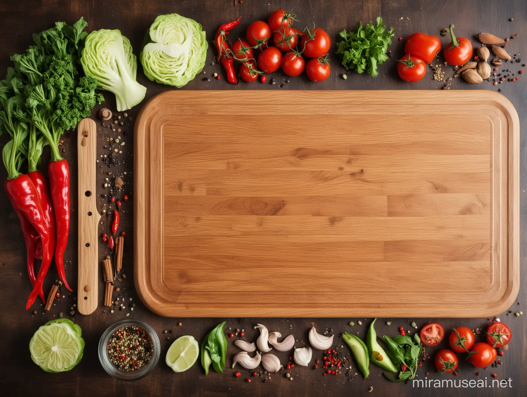 wooden chopping board with spices and vegetable around
