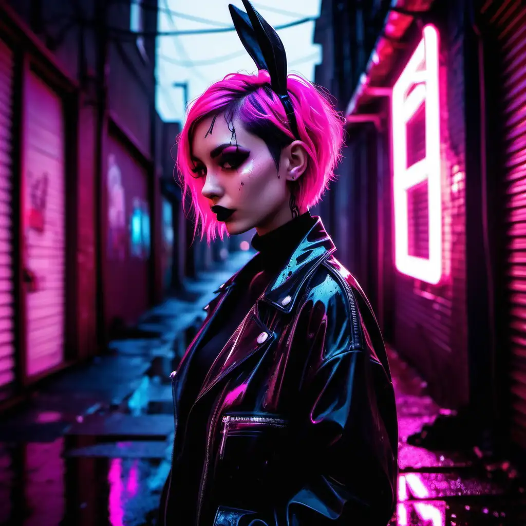 Goth girl. Short hair. Latex. Night. Neon lights. Street. Alleyway. Bunny. Rain. Dripping. Pink colour scheme. 