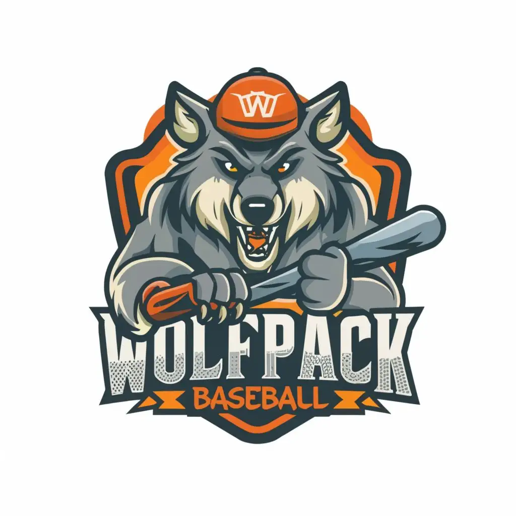 a logo design,with the text "WOLFPACK BASEBALL", main symbol:Cartoon wolf,complex,be used in Sports Fitness industry,clear background