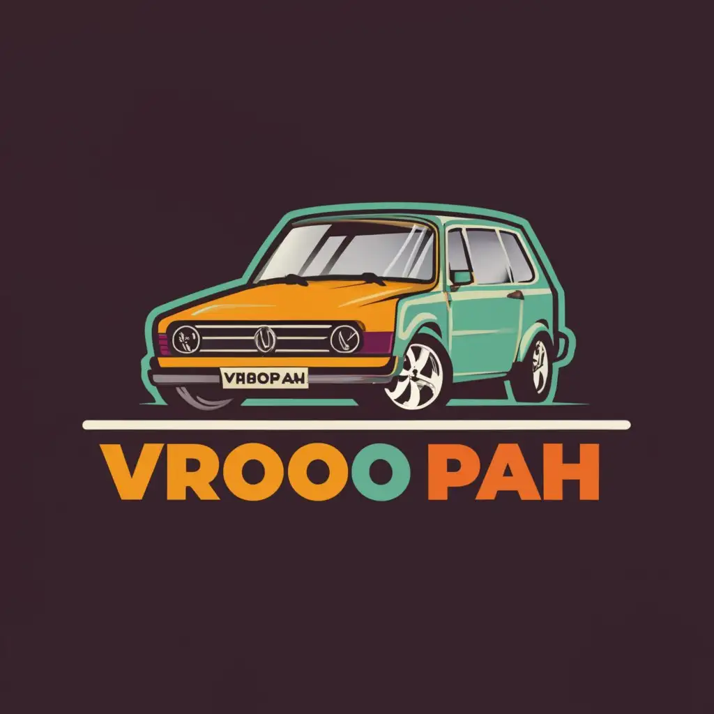a logo design,with the text "vroo pah", main symbol:cartoon of VW Golf 7,complex,clear background