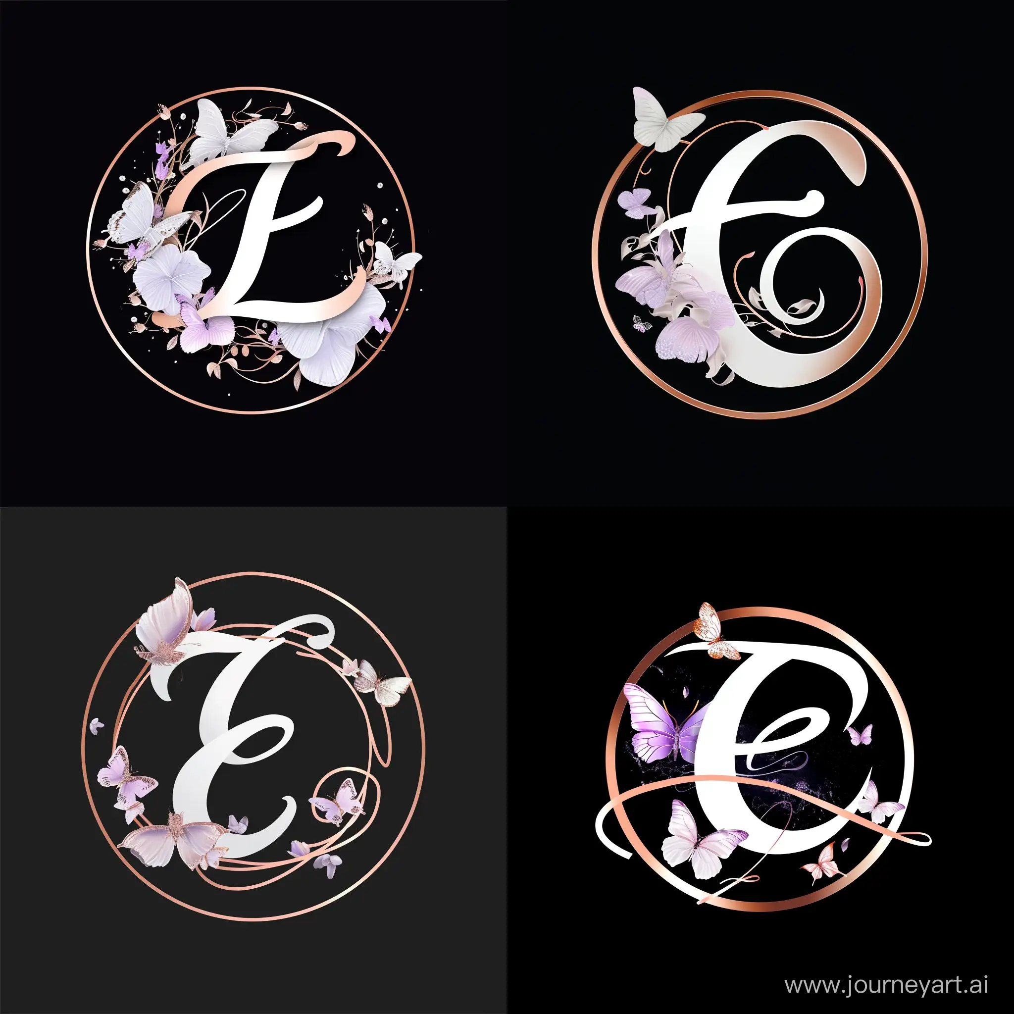 Make a realistic and elegant logo for a high prestige beauty business. Have a big realistic cursive letter E in the middle thats color white with some lilac. Include some small realistic butterflies. Have it all in a rose gold circle. Make the background black.