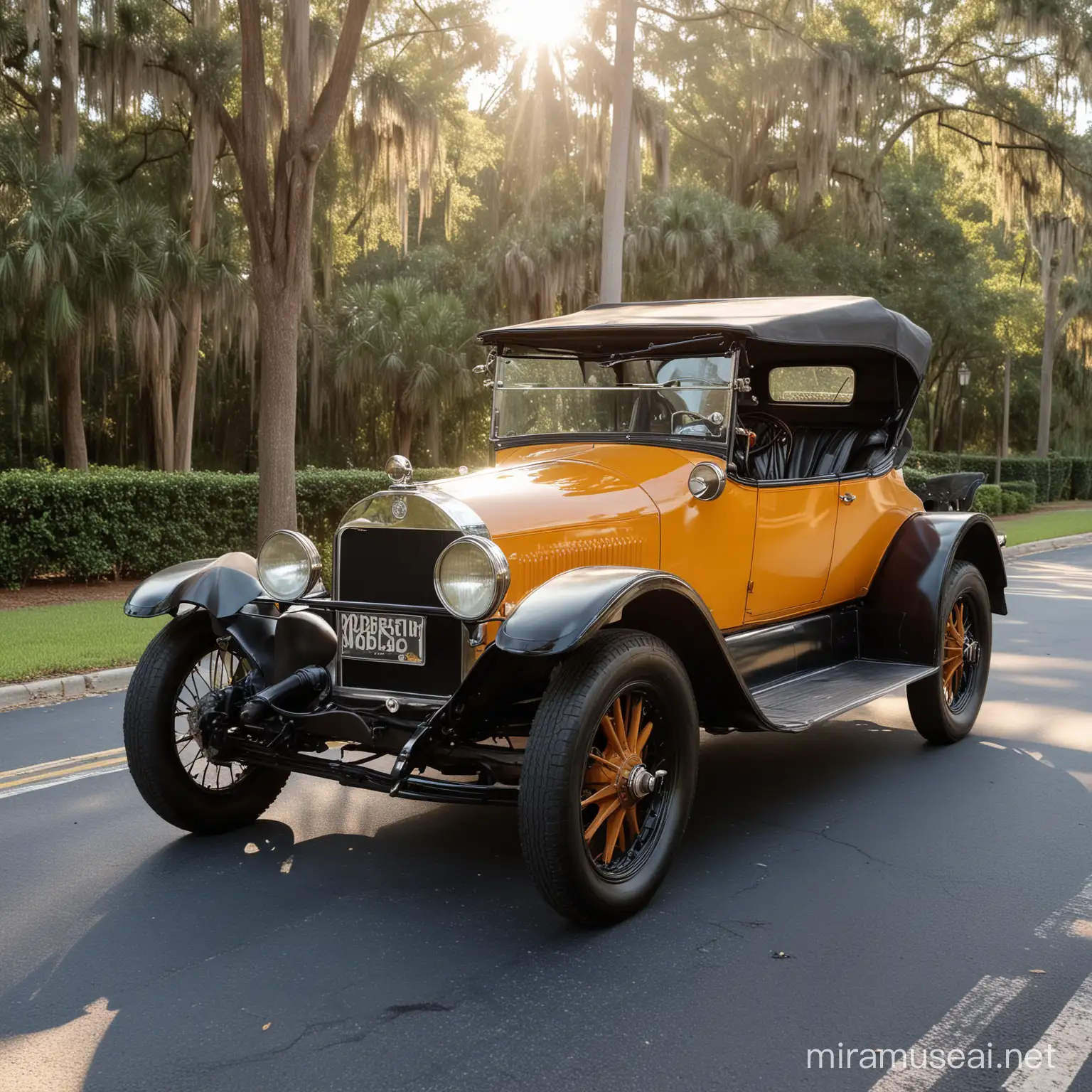 Auto Nasville 1919, Clásico, color ambar mate, estacionado en una calle de Tallahassee Florida, a las 8 de la mañana, es un día soleado hermoso cuando las luces del sol inciden en este coche emblematico.