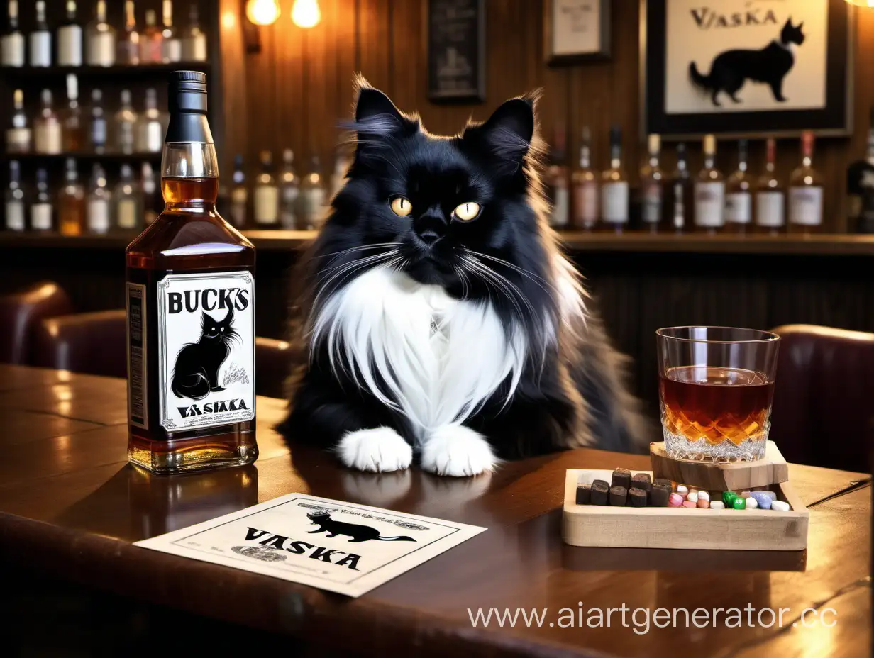 7a fat black cat with white spots, a Papillon dog with long hair, at a table in a bar, on the table there is a bottle of Whiskey and two glasses, a sign < welcome < Bucks and Vaska >