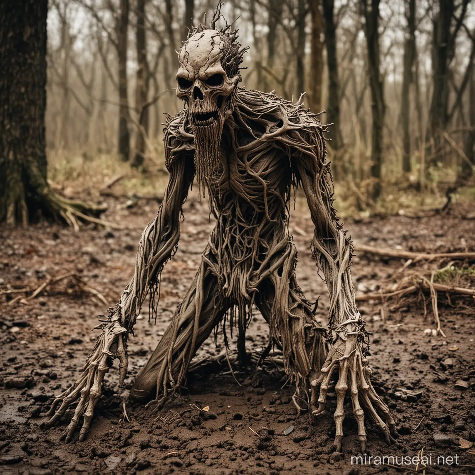 horror treant. A mud creature, mixure of dead cell of tree and earth with bone showing up