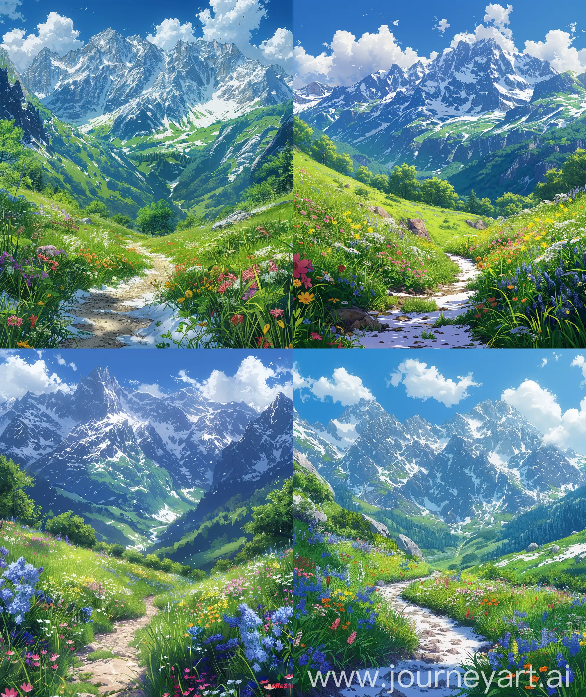 Anime mountain scenery, illustration, mokoto shinkai style, direct front facade view of Snowy mountain road Hiking, grass, wild colorful flowers, beautiful view, picturesque style , anime scenary, ultra HD, high quality, sharp details, no hyperrealistic --ar 27:32 --s 400