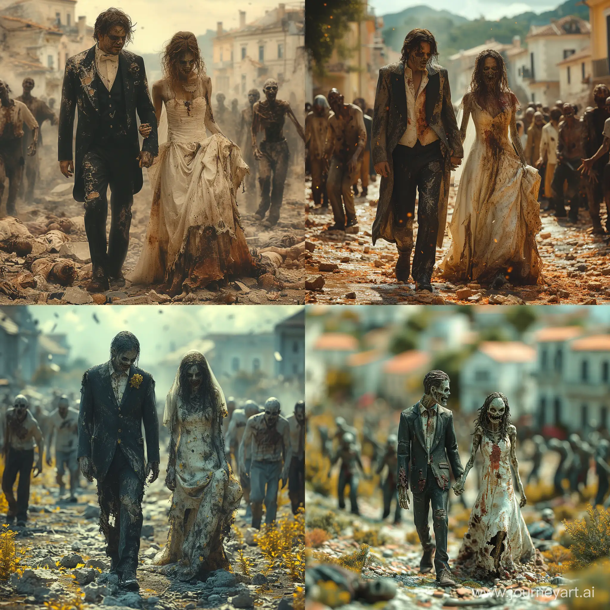 A epic realistic  Wedding A zombie groom wearing a torn tux walks with a zombie bride wearing a stained and torn wedding dress walking through a group of zombies in a chaotic old town. with blur in the background, accuracy, focus, and very details skin, --stylize 750 --v 6