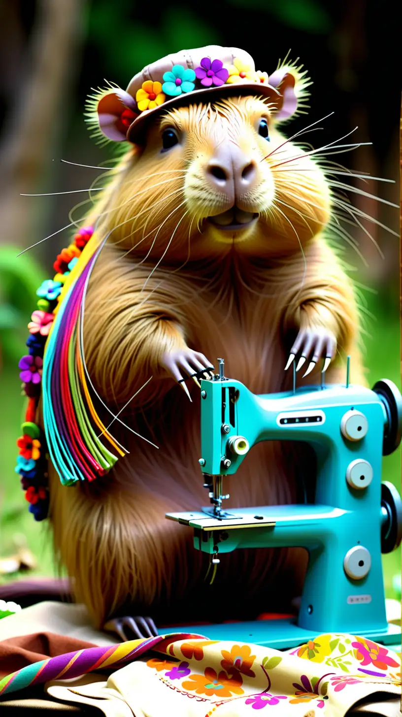 Imagine a hippie capybara Using a sewing Machine
