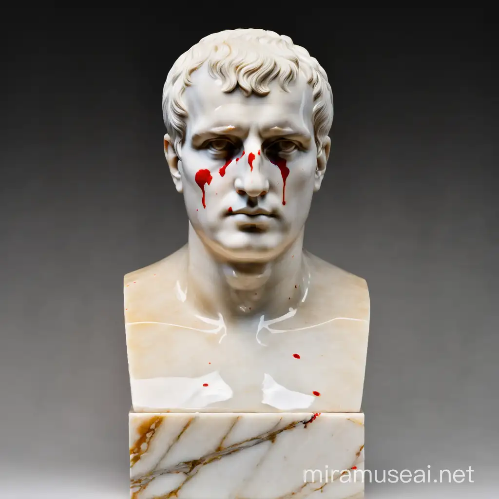 Marble Bust of Napoleon Bonaparte, Thinking deeply, small red blood splatter on face, white background,