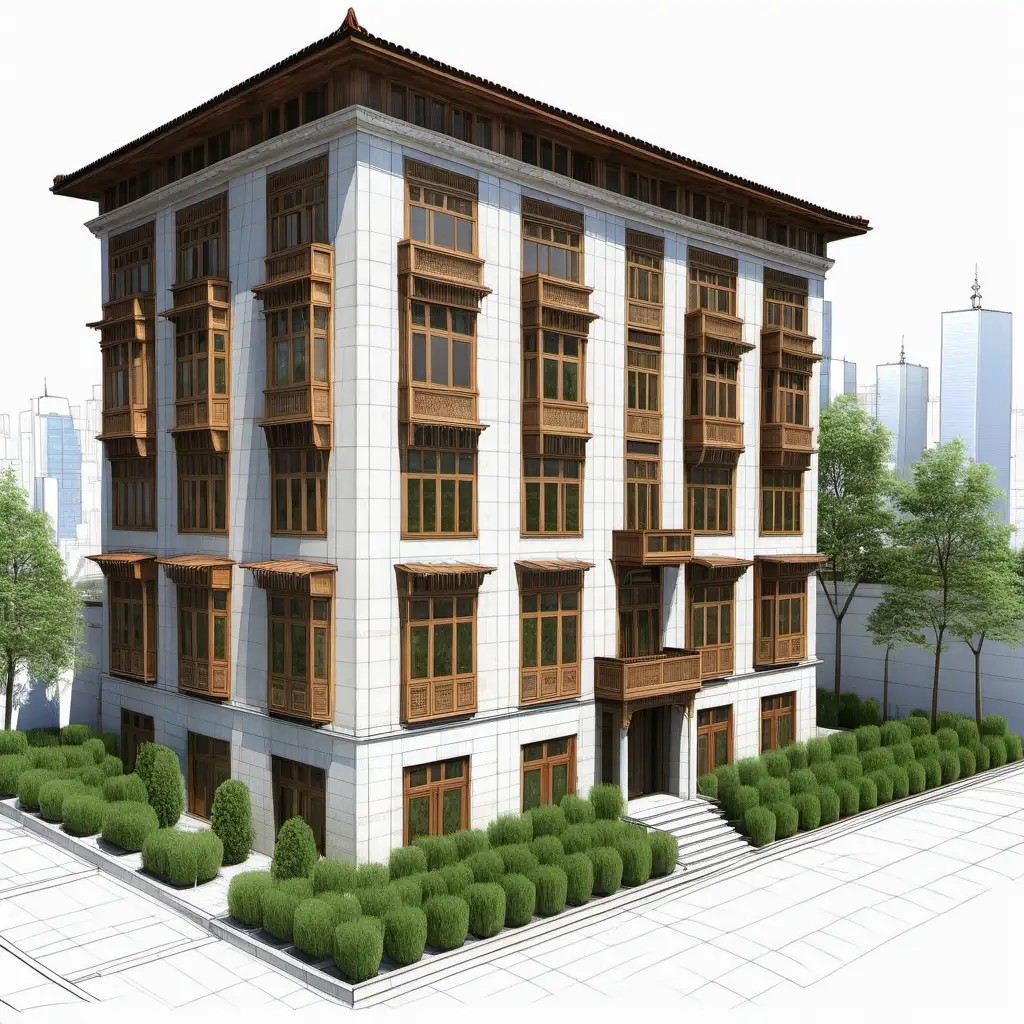   plan,perspective a large  street perspective facade, elevation, section,street traditional Turkish lots of skyscarpers, large garden and courtyard , Ottoman style, wooden windows, wooden bay window, , stone facade, green garden,
plants, wide eaves, wooden floor molding, perspective , simetric