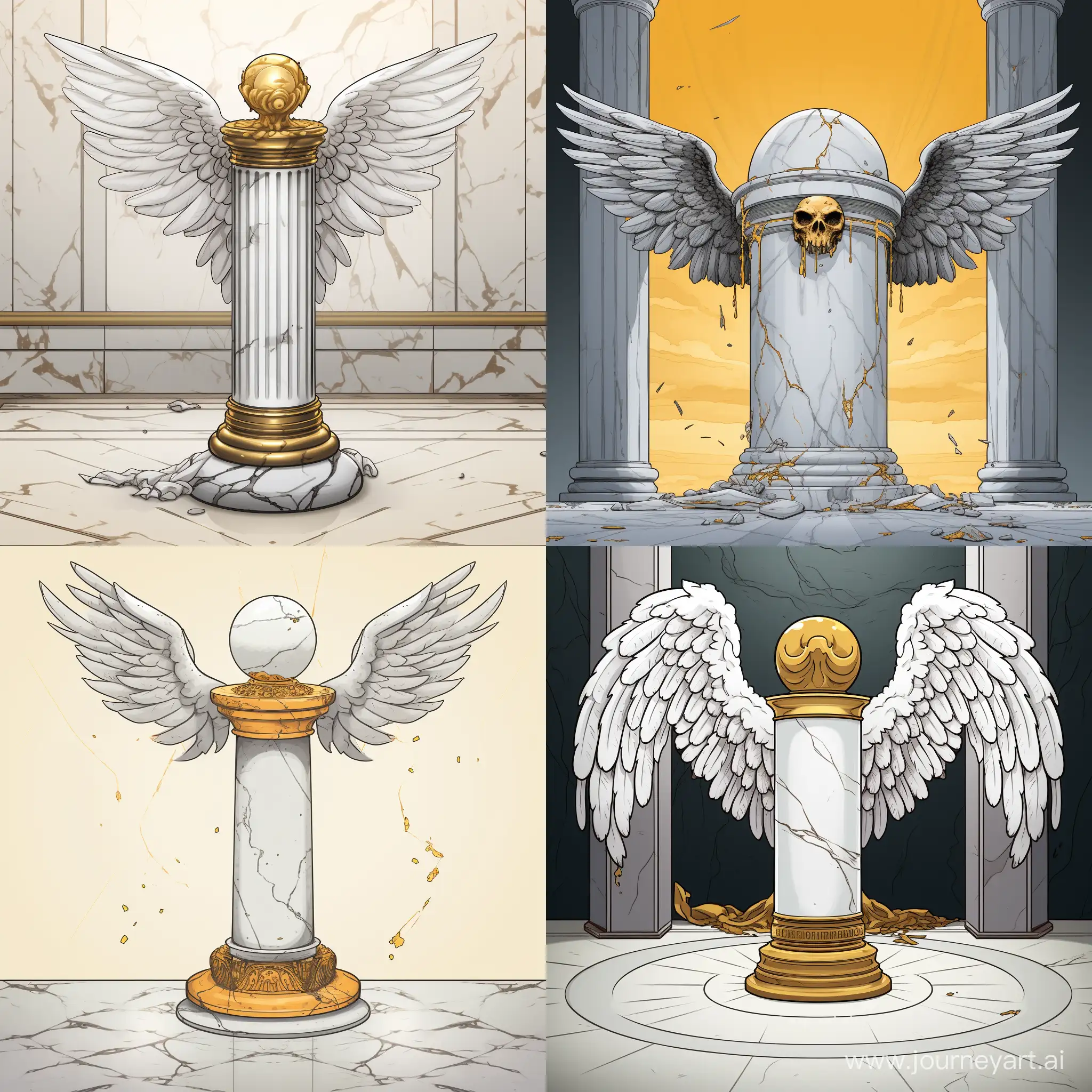 a white marble pillar with two wing sticking out on either side with a slightly hovering gold globe on top in a sinister comic style
