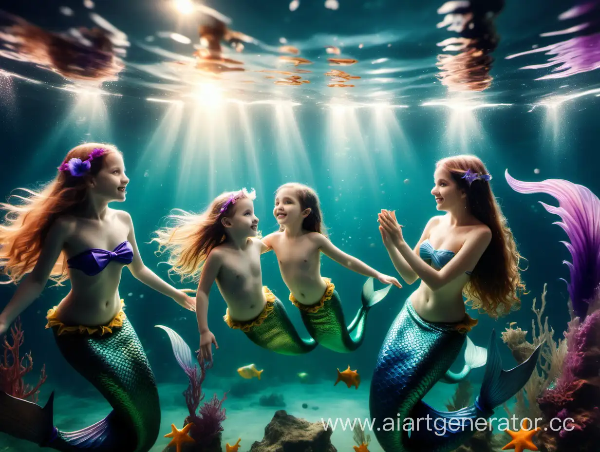 Underwater-Family-Bathing-Vibrant-Mermaid-Children-and-Parents