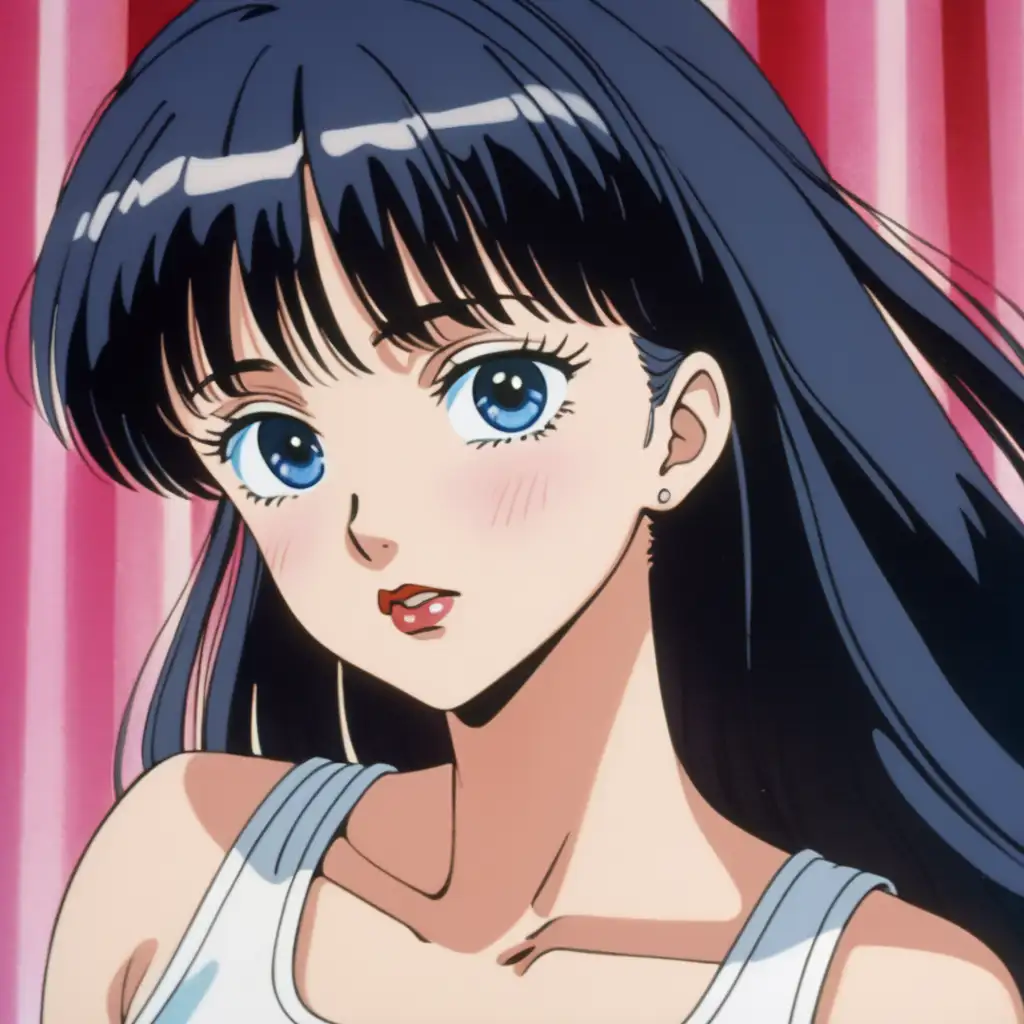 Woman with large chest looking under her eyelashes, dark blue eyes, long black hair behind her shoulders parted in the middle with curtain bangs, body facing straight forward with head tilted down to the left looking down at the bottom left, large anime eyes, red lips slightly parted, wearing white tank top, Barbie aesthetic, anime style, Dull colors Ghibli scene white wall background, retro 90s anime aesthetic, anime screencap. --niji 5