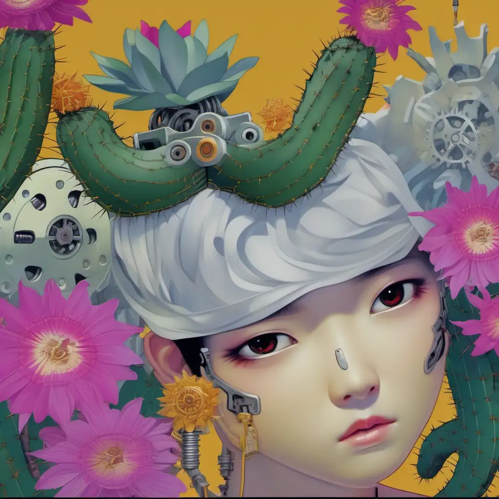 Mechanical asian woman, mechanical face, fantasy dream, mechanical cactus, mechanical gears
