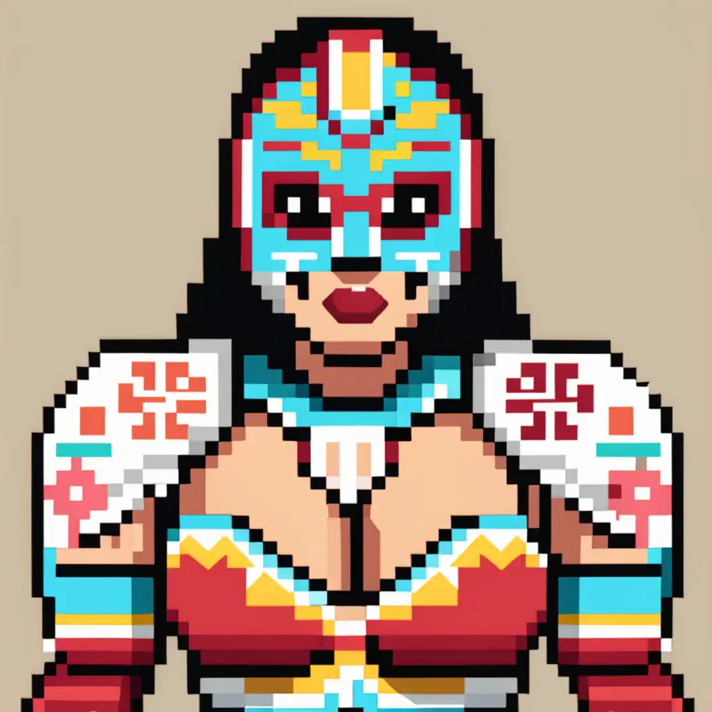 create a female version of a mexican luchador in pixel art 8 bit 
