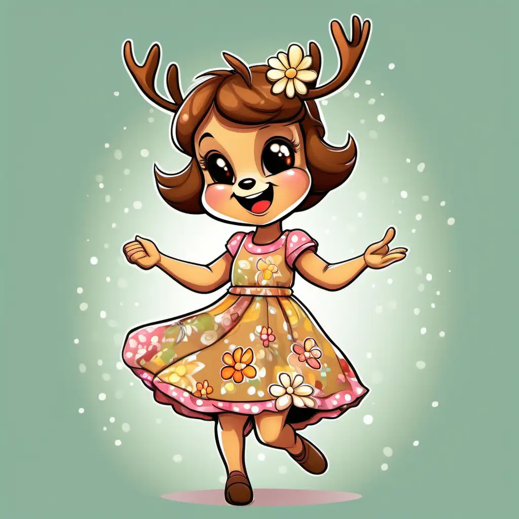 in cartoon style, an anthropomorphic little girl deer, with brown hair, a happy and excited expression, wearing flower dress full body, head to image, in dynamic position