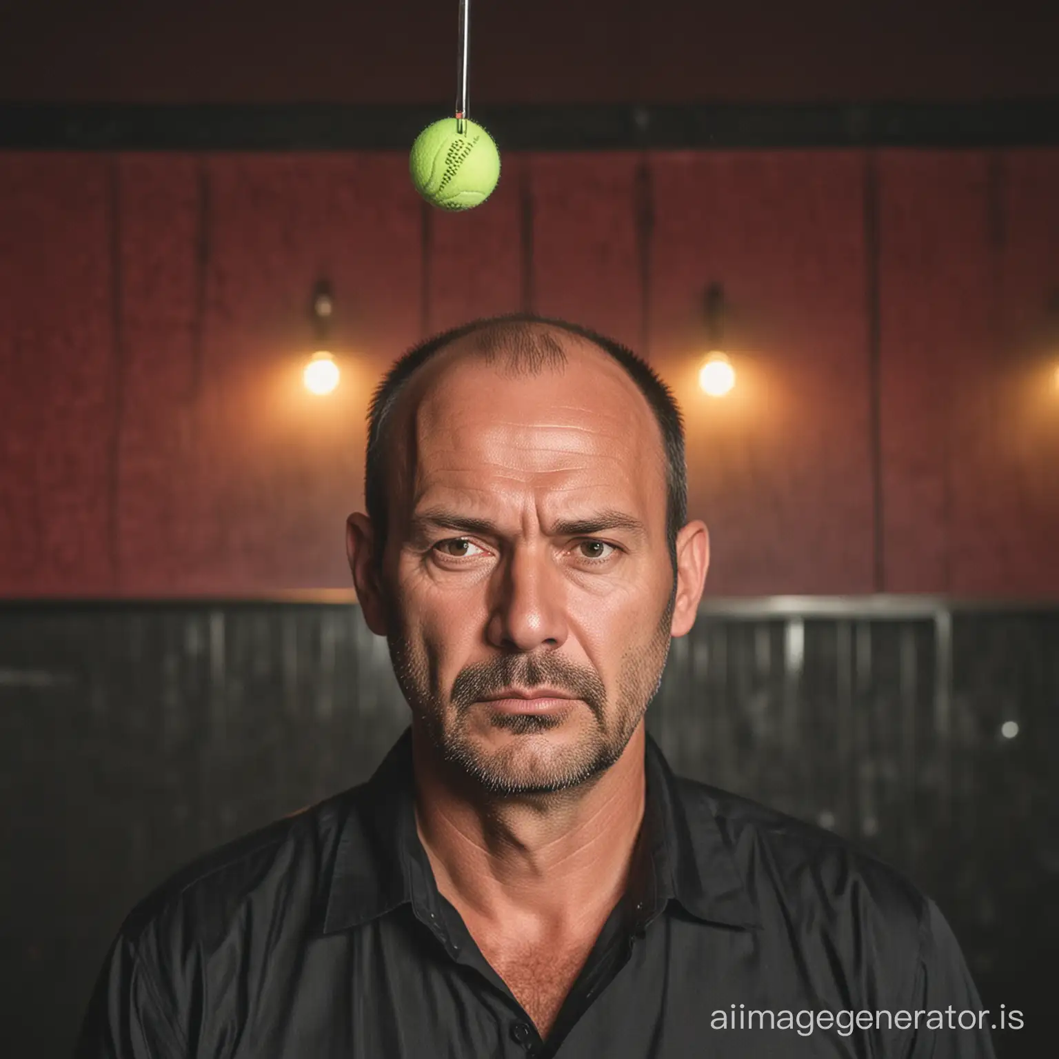 A short balding man in his 50s in a Bangkok sex club looking unhappy. Show the entire club and sex workers.  Have tennis balls flying past his head.  Important to show a woman lying on a stage behind him.