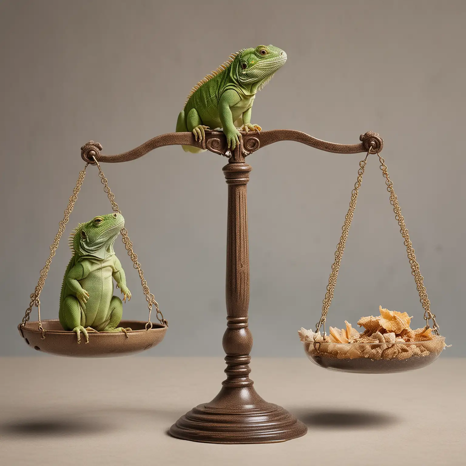 Scales of justice with one iguana on one scale and one hamster on the other scale  