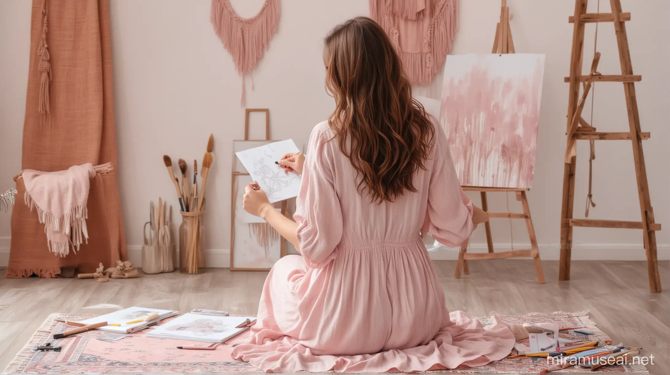 a real photo of a beautiful brown hair woman from behind. boho style. sitting on the floor. holding a pencel drawing on a canvas in soft pink colors. Room and dress in soft pastel colors

