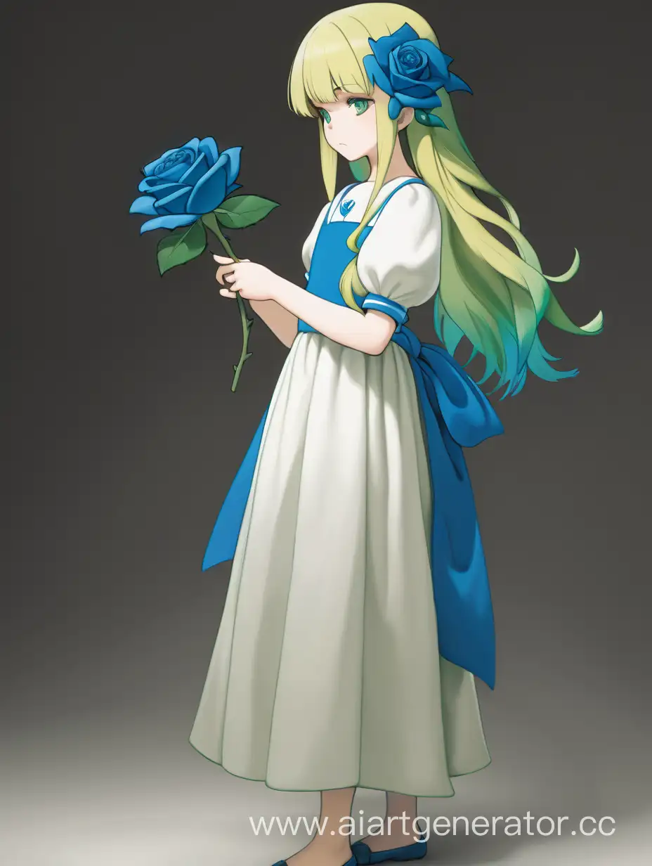Graceful-Girl-with-Blue-Rose-in-a-Green-White-and-Yellow-Palette