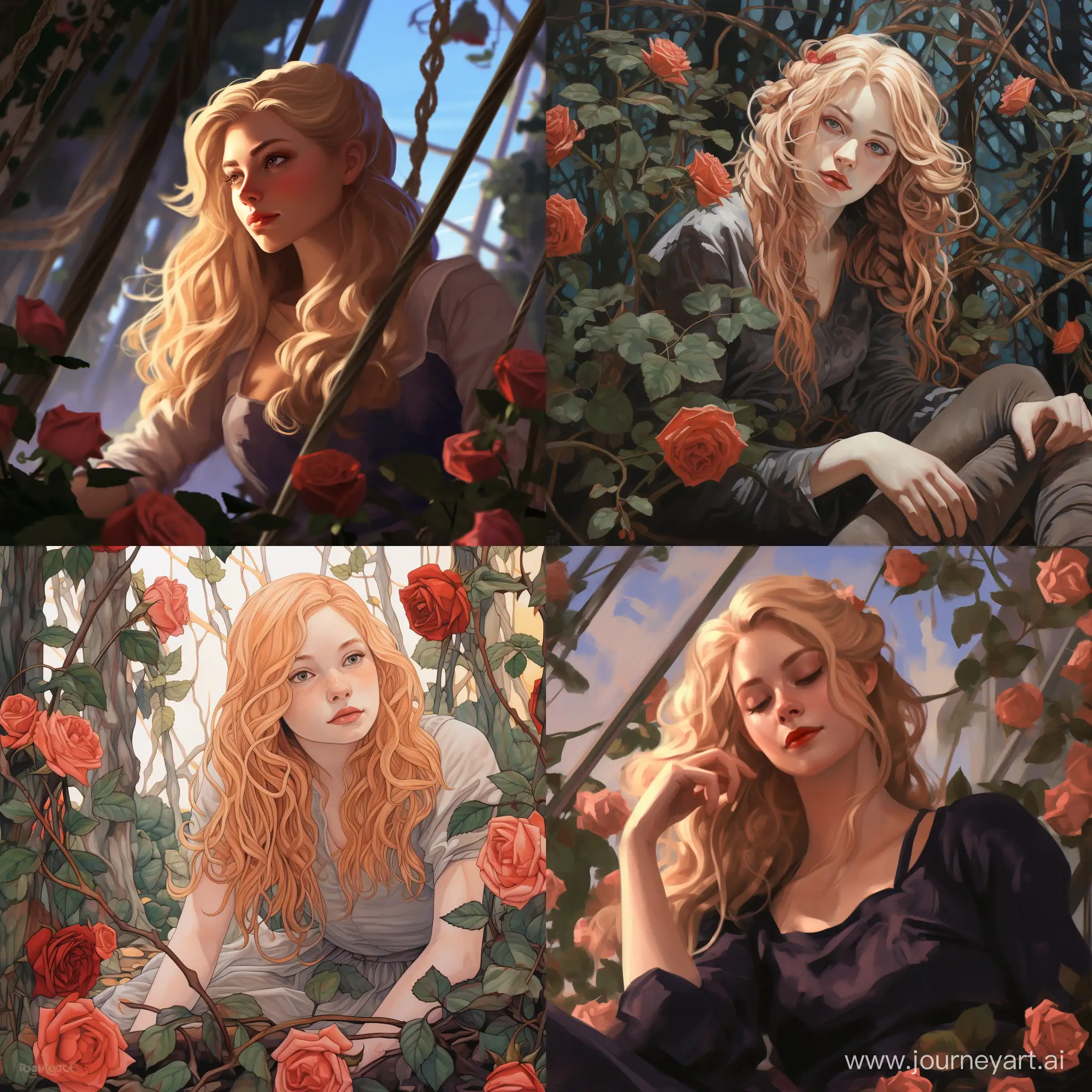 Девушка с блондинчиками волосами сидит на рядом с лианами роз 