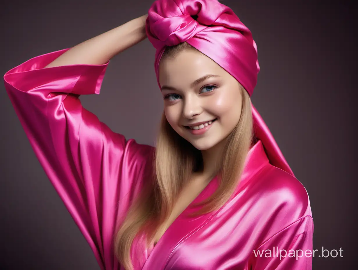 Gentle, Sexy, Young Yulia Lipnitskaya with long straight silky hair beautifully smiling in Luxurious Pink fuchsia Silk Robe and pink silk Towel Turban