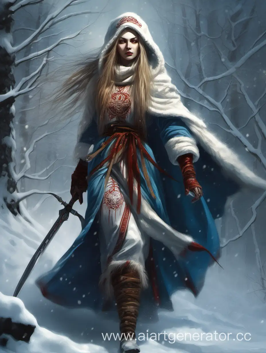 Снегурочка, девушка, жрица бога кровопролития, воин, фэнтези, темное фэнтези, славянское фэнтези, вооруженная глефой, глефа с длинным лезвием
