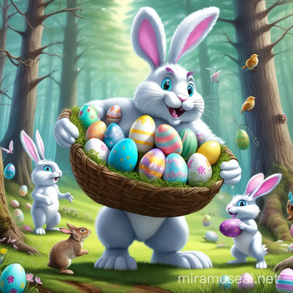 Giant Easter Bunny delivering eggs to all the tiny creatures of the forest