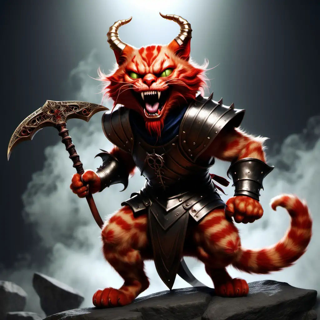 реалистичный  яростный красный кот-демон (с рогами)   воин с косой смеется в средневековом одеянии четыре лапы сзади в полный рост