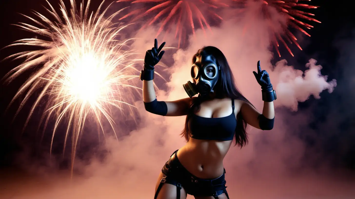 Sexy latina girl with gas mask dancing with fireworks beheind her