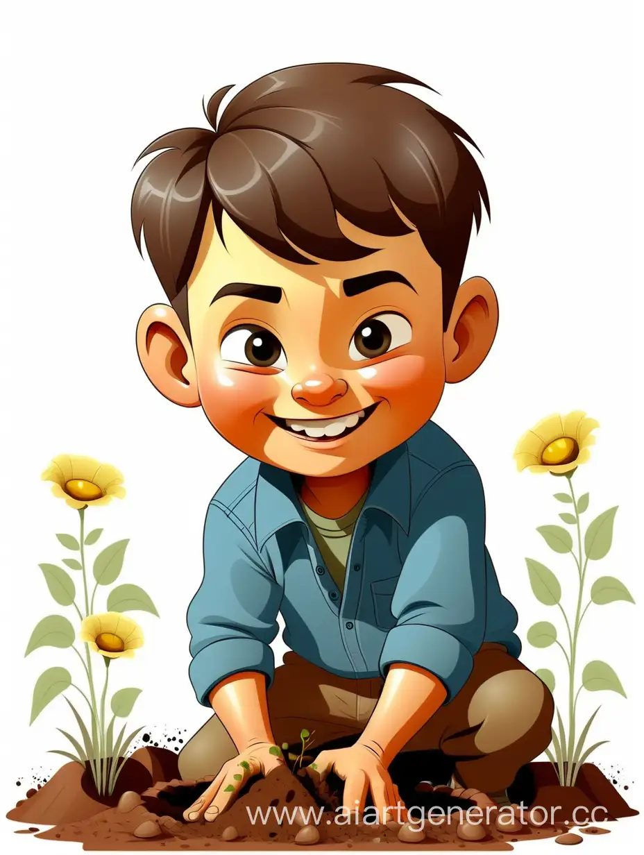 a vector cartoon kazakh smiling little boy the boy is digging a hole, there is a seedling nearby, white background