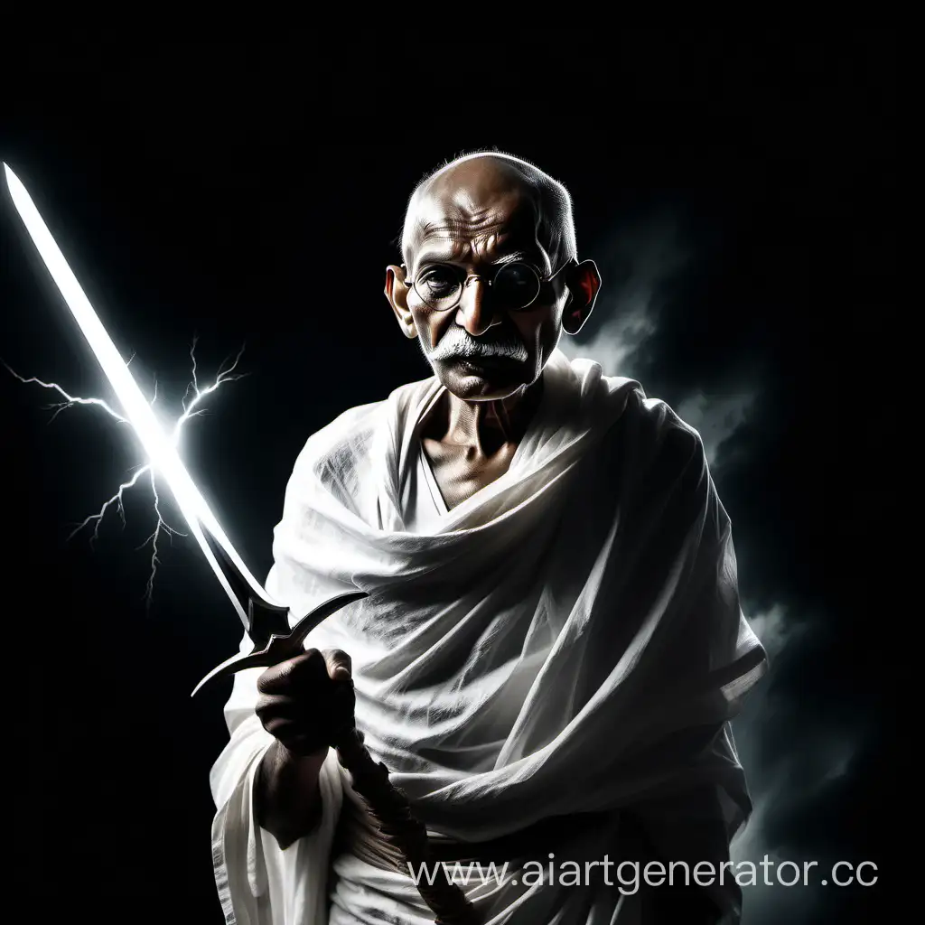 Mahatma Gandhi dressed as Gorr, carrying necrosword, well lit face, dark background with white lightning, intense brooding expression, 