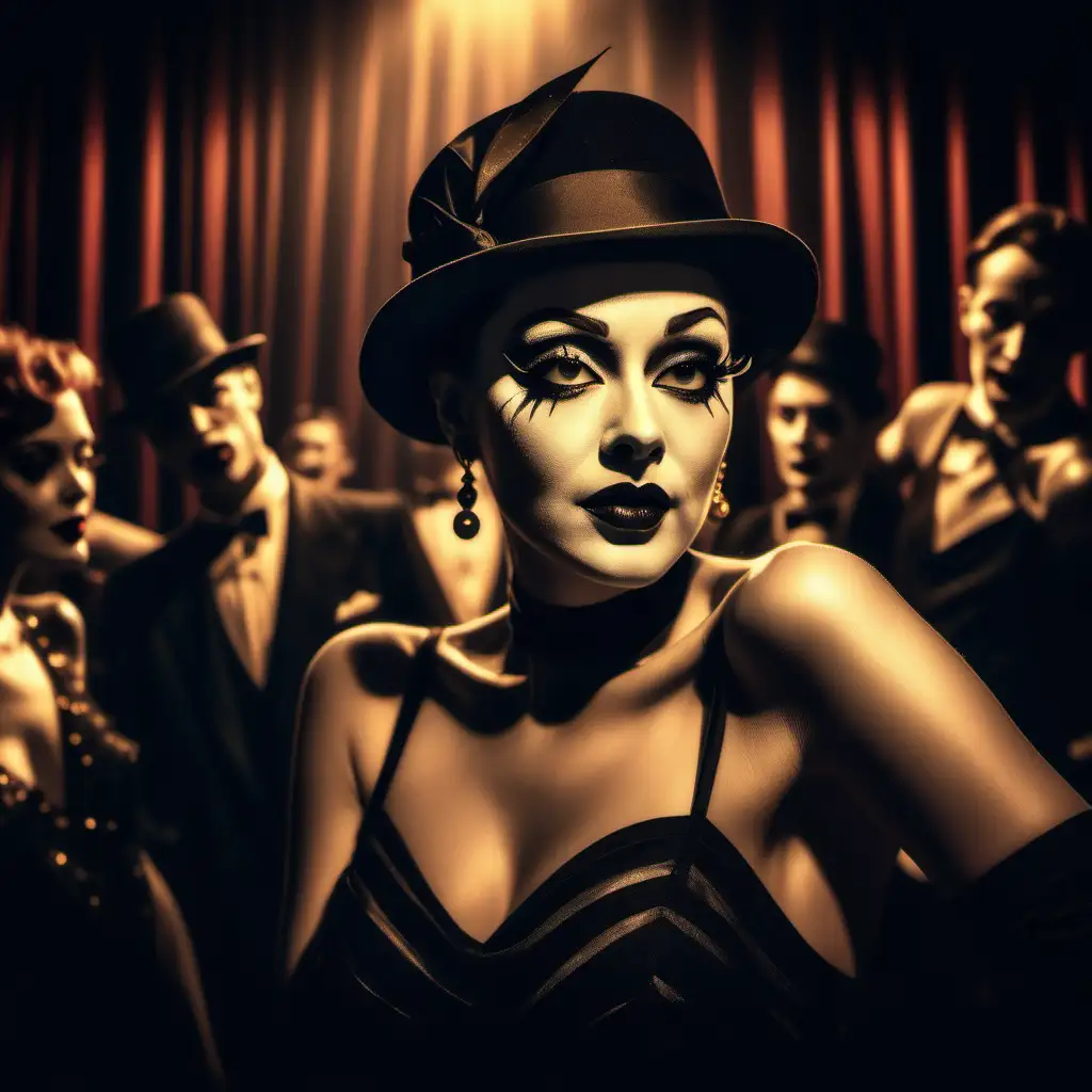 a cabaret, in the style of color noir art, close-up intensity, golden age aesthetics,