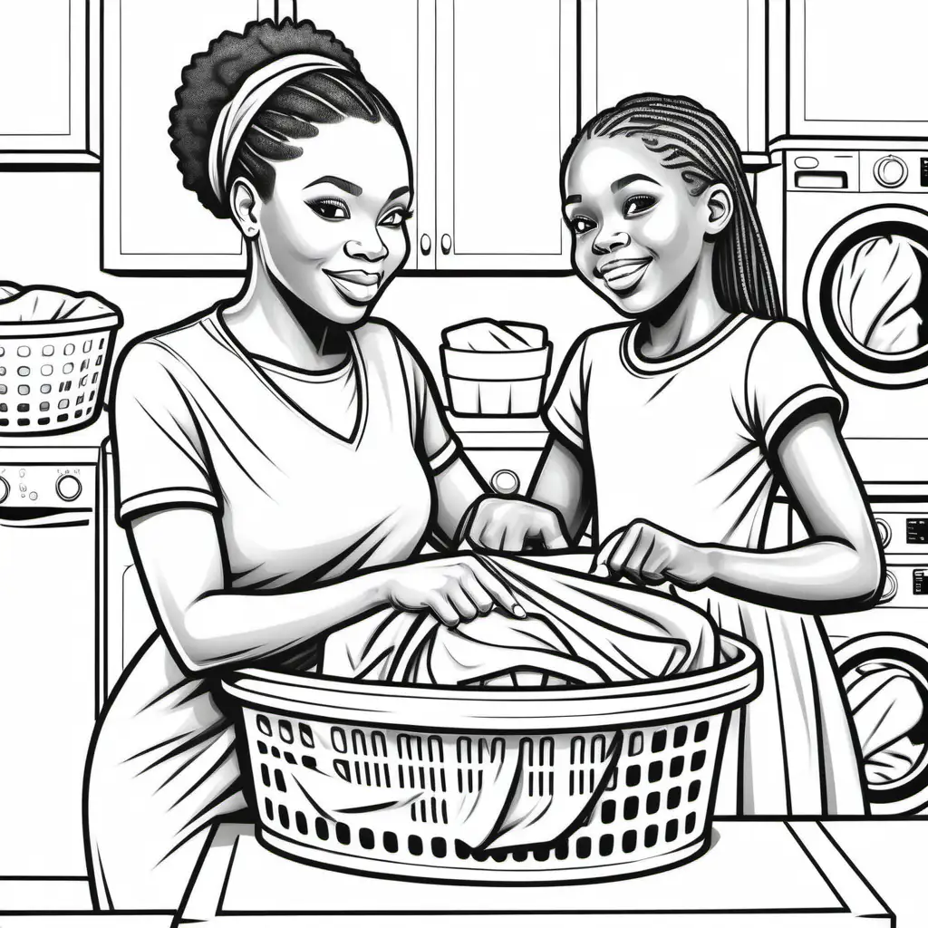 Printable Coloring Page of African American Mother and Daughter Doing Laundry Together