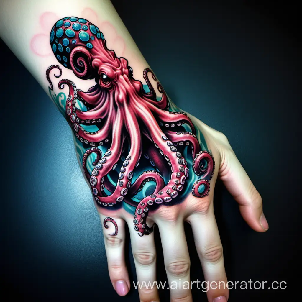 Татуировка осьминога на руке, щупальца тянутся по пальцам и он держит в них 5 сердец
