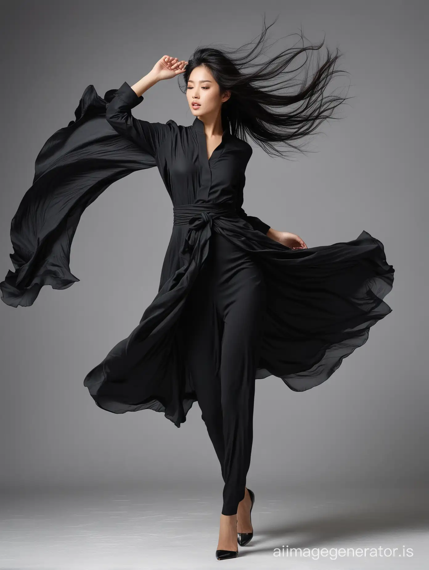 aura epitome of perfection oriental woman wind blowing hair black clothes head to toe