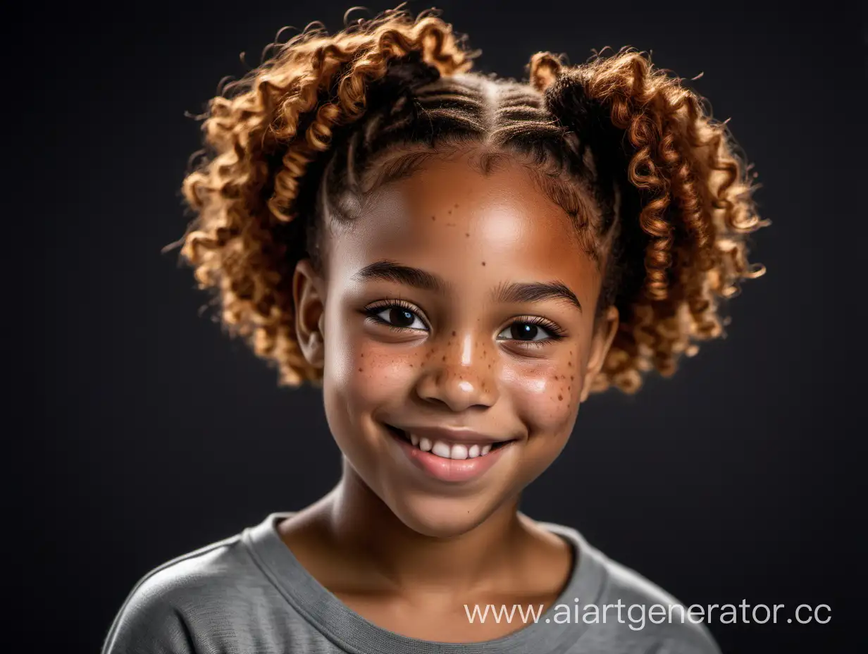 Beautiful African American girl with golden brown skin, hazel eyes, freckles, curly pigtails, and a warm smile.