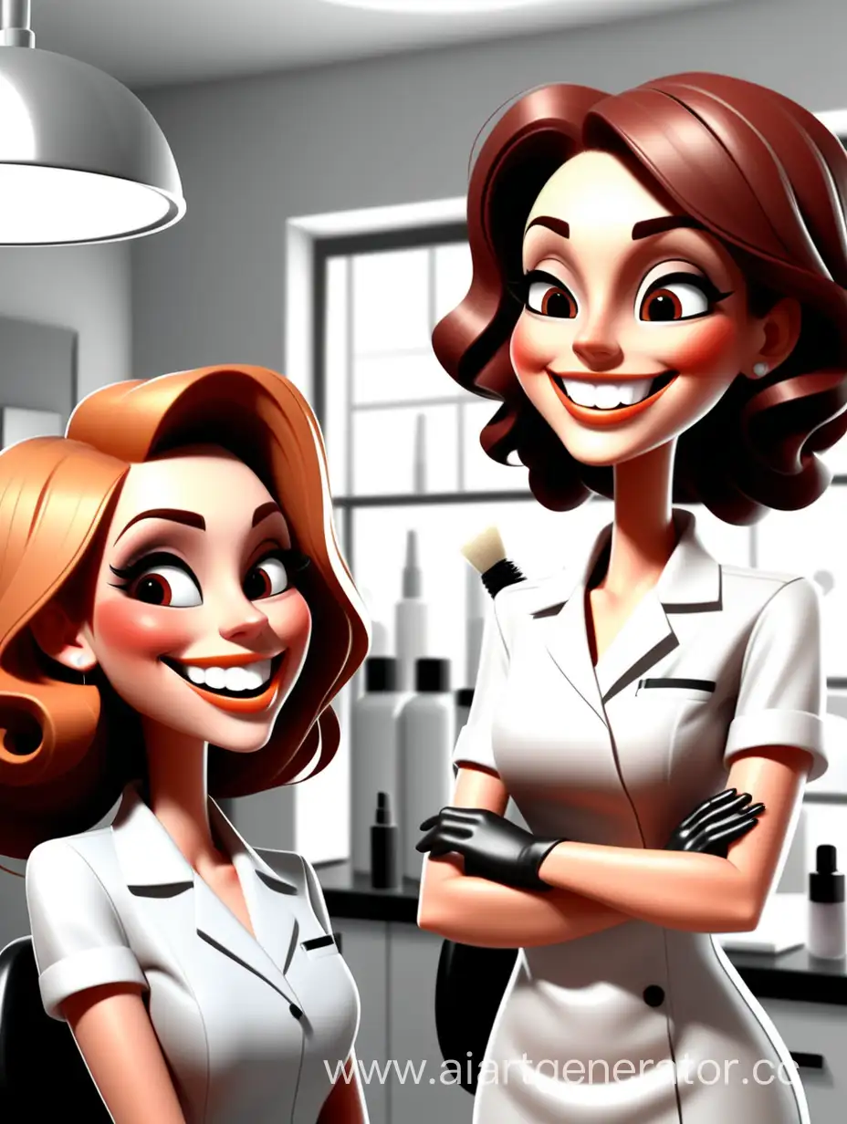 Generate a cartoonish image depicting warm and friendly relationships in the professional cosmetology environment. The image should feature smiling characters or clients interacting with the products
