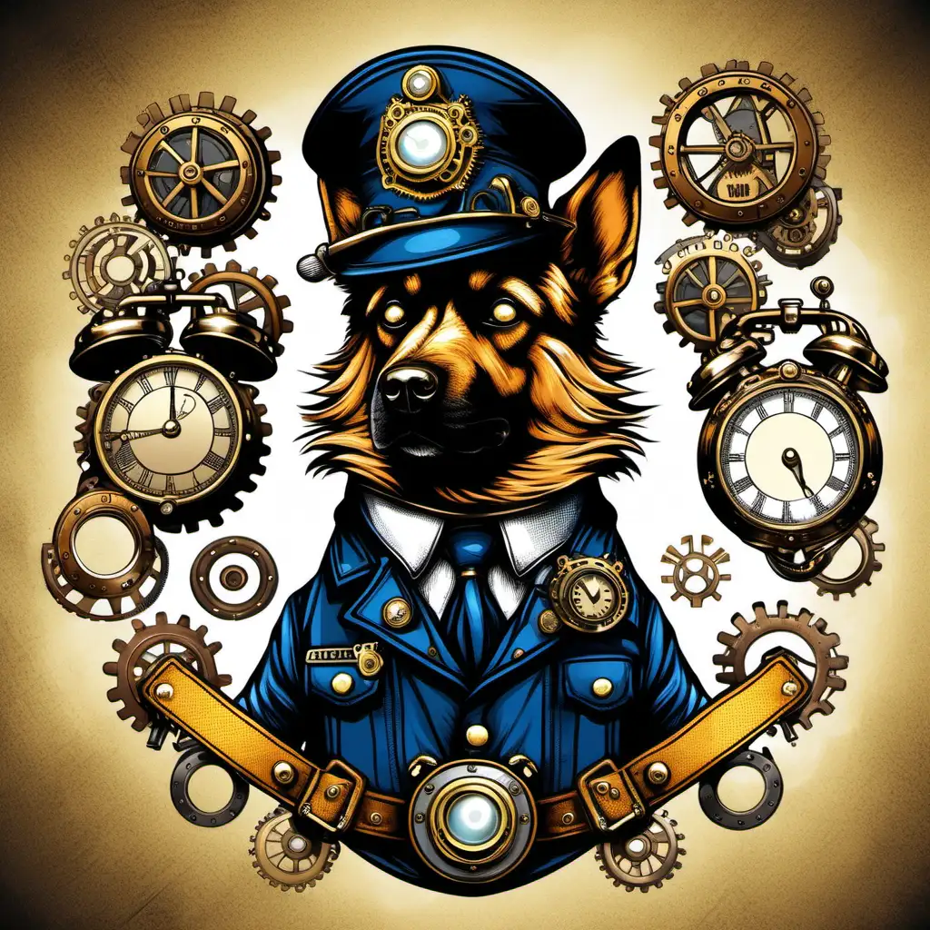 steampunk fully clockwork  police dog in hand drawn style