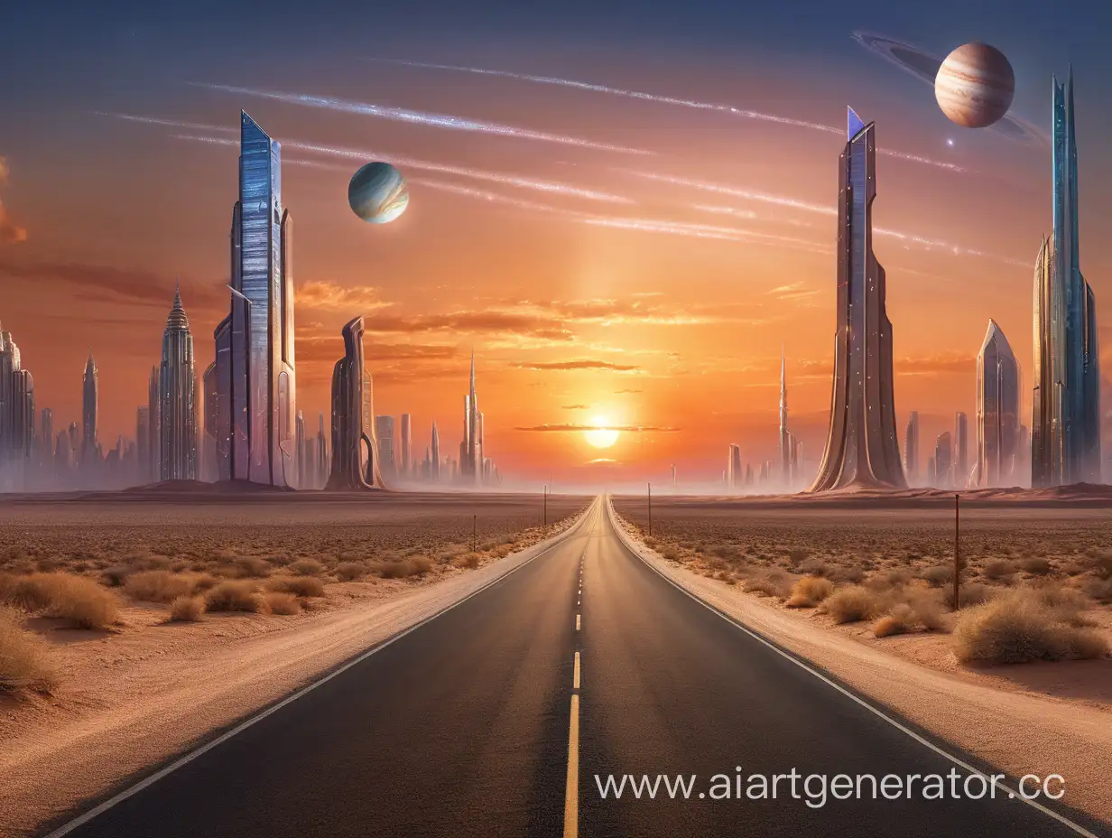 Sunset, the road in the desert leading to the huge skyscrapers of the future, Jupiter in the sky