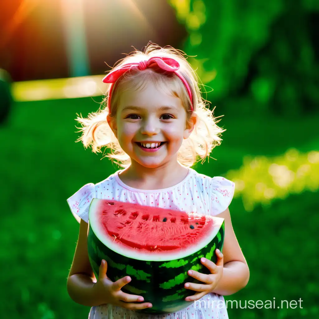 Little girl holding a watermelon, smiling in the sun at the park