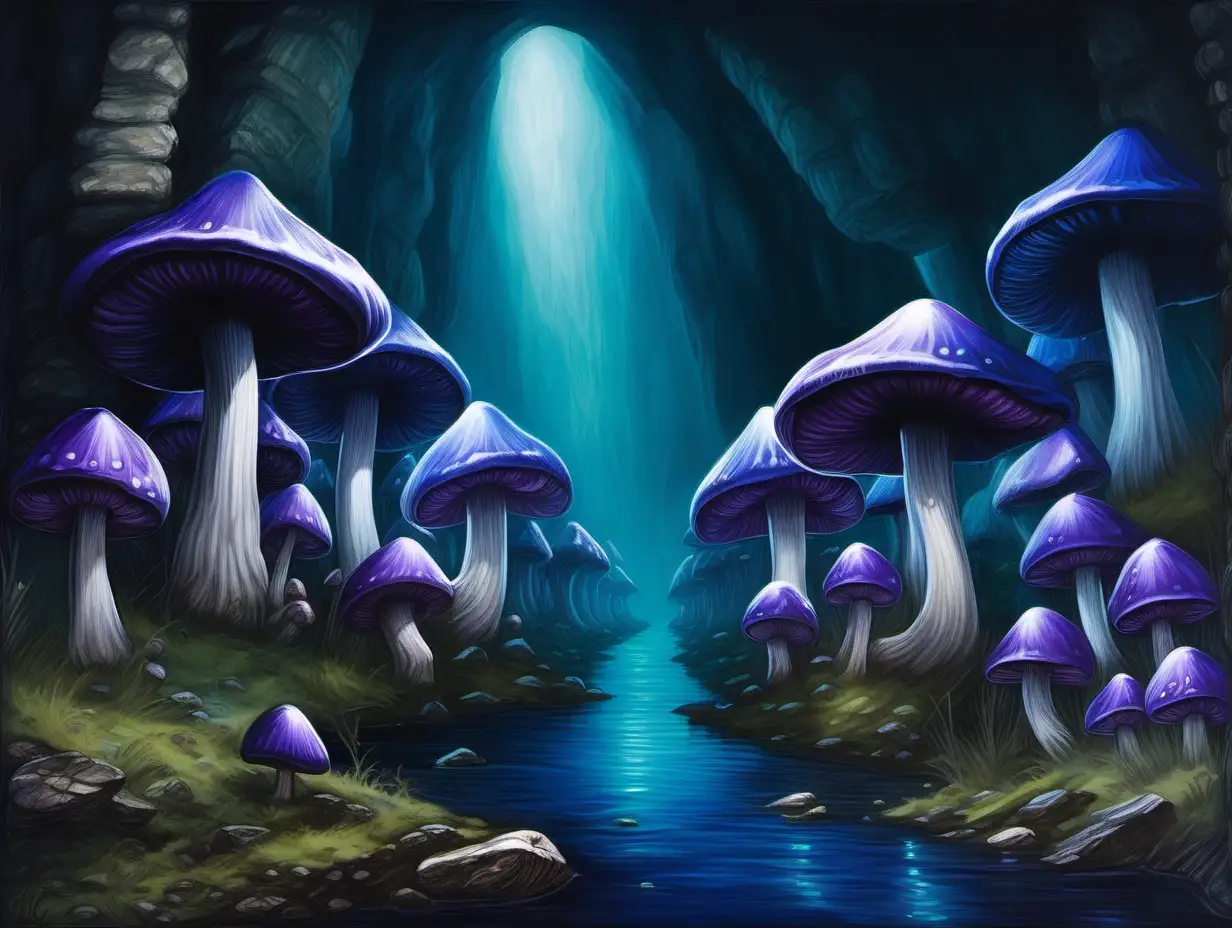 underground subterranean river, Underdark, blue purple giant mushrooms, Medieval fantasy painting