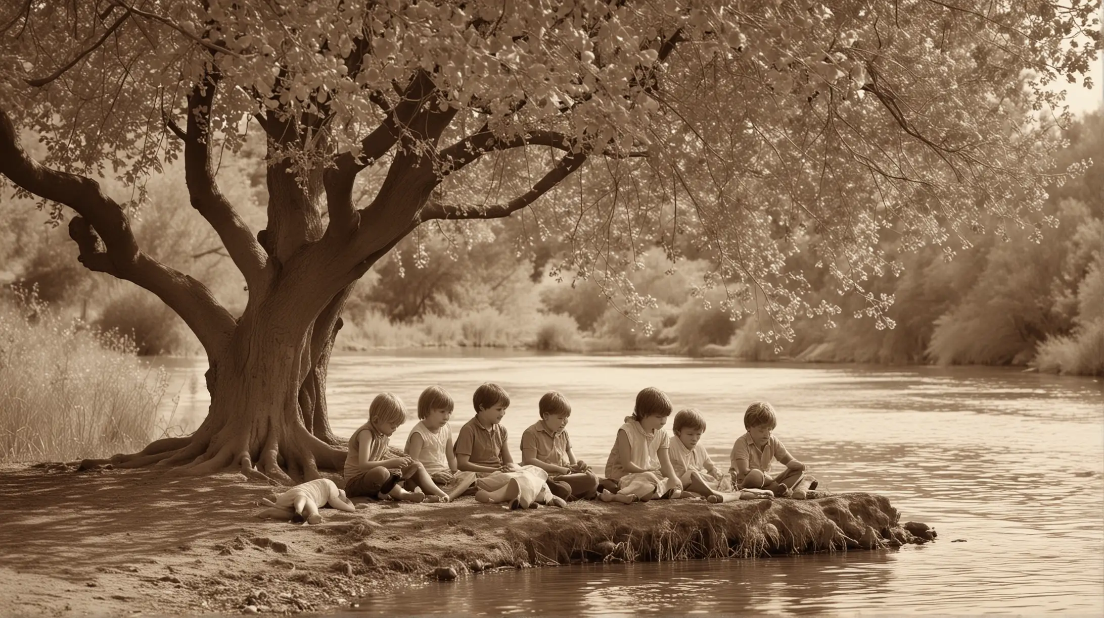 septs enfants année 60 jouent sous un mirabelliers le long d'une rivière en sépia