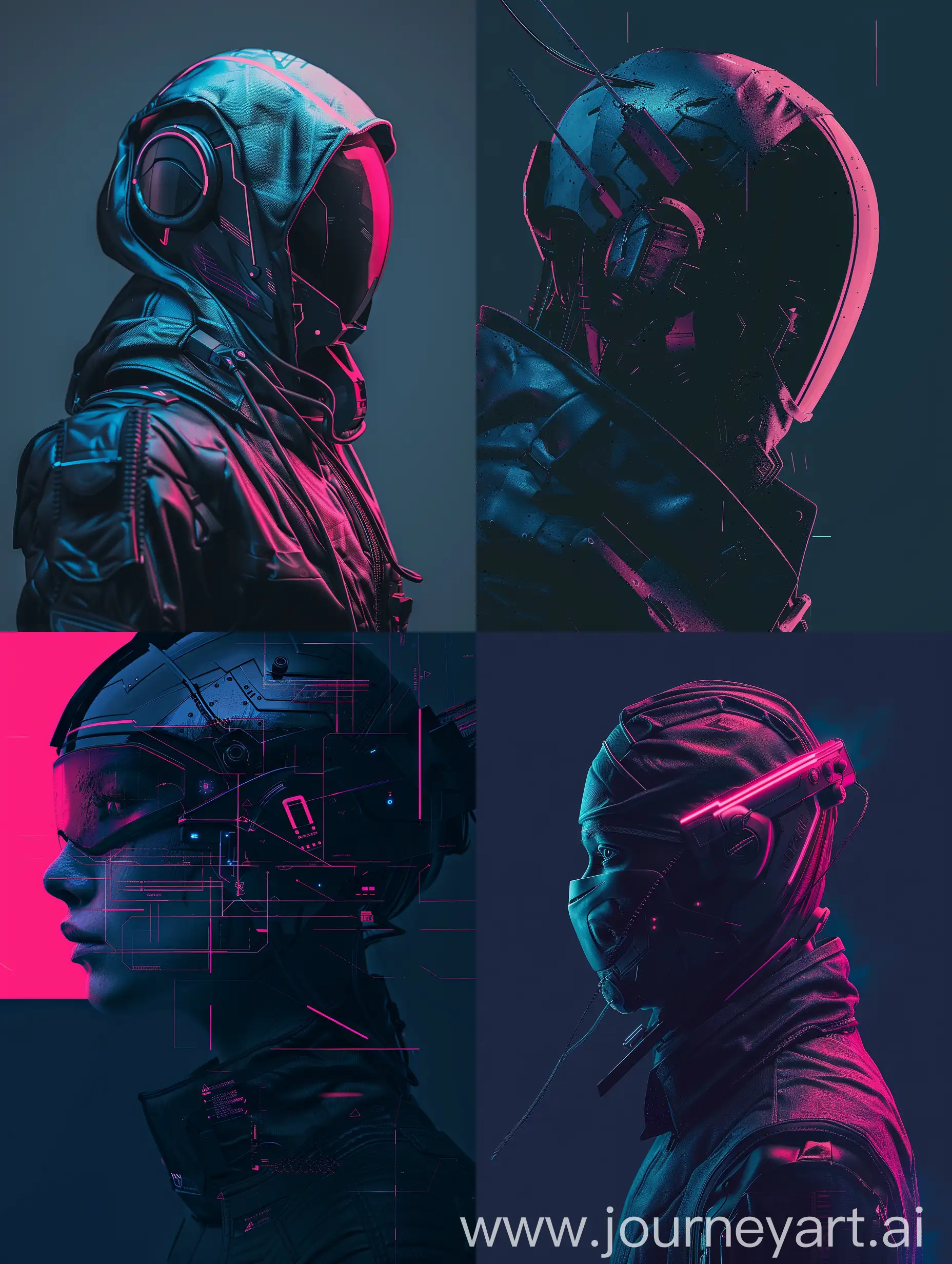 Silent Blades, assassin concept, darkness, potrait, realistic, high detailed, cyberpunk concept, with subtle pink and blue gradients, futuristic, techpunk, mech-punk, 