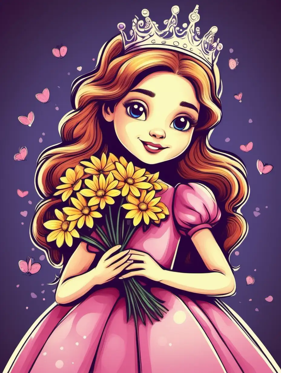 Adorable Princess Girl Holding Flowers Colorful Illustration