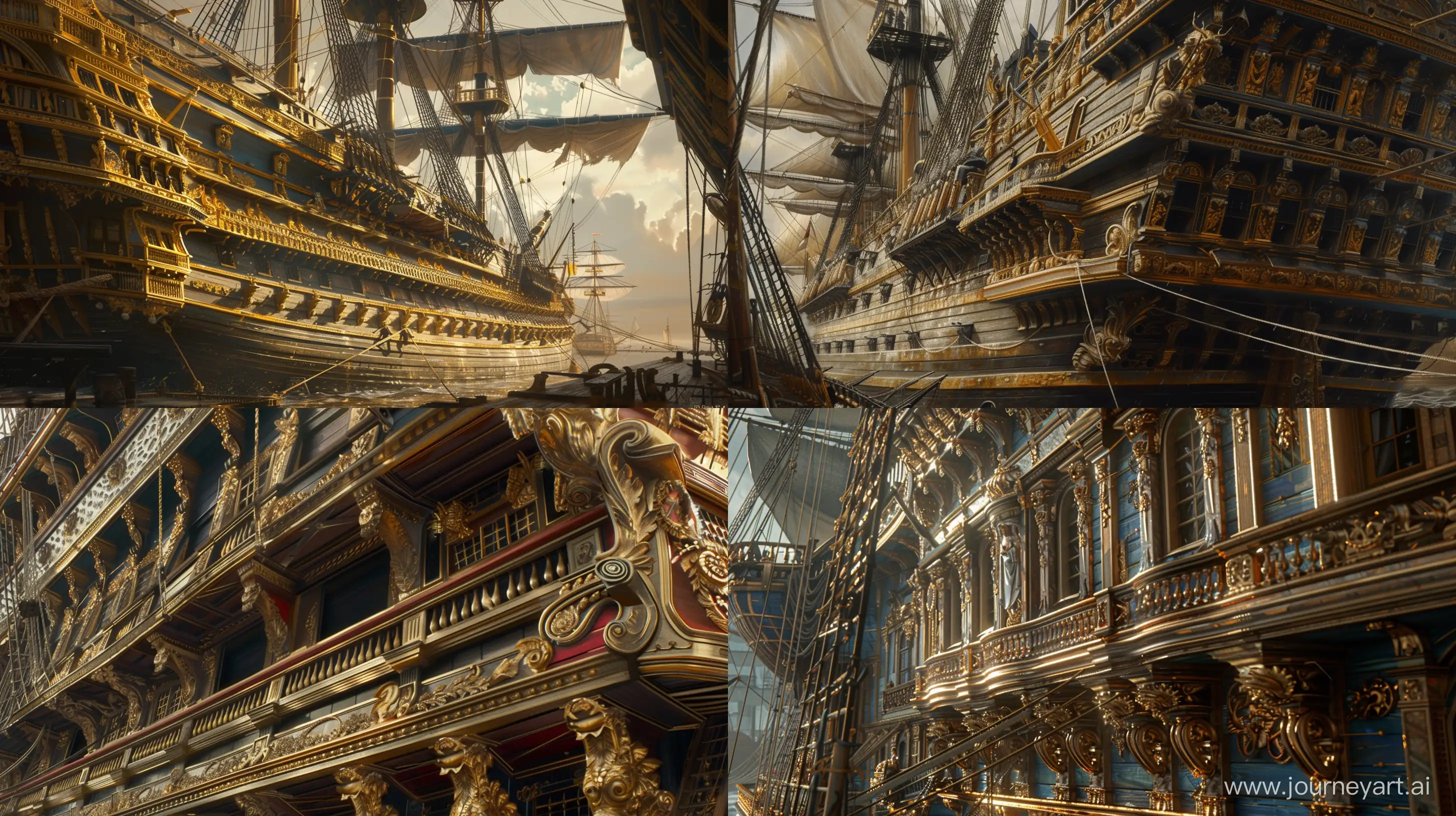 **elegantism, insane detail, painting masterpiece ,Extreme authentic decor , HMS Victory, perfect exact rendering, embellished and intricate architectural ornamentations,  greebles::2 --ar 16:9 --q 1 --v 6 --ar 1:1 --no 34127