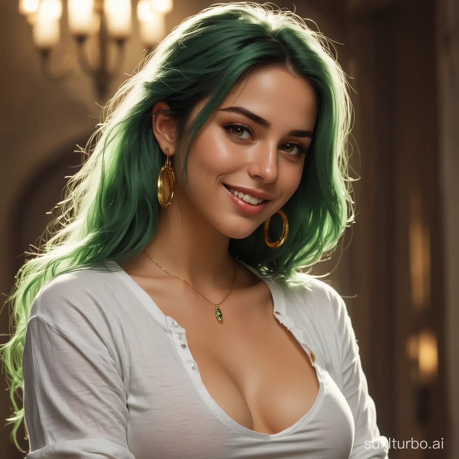 A sexy and cold female assassin，oval face，A plump chest，A sinister and charming smile，Wearing golden earrings on the ears，Green Spot Dyed 37% Medium Long Hair，White tight fitting exposed navel t-shirt，
