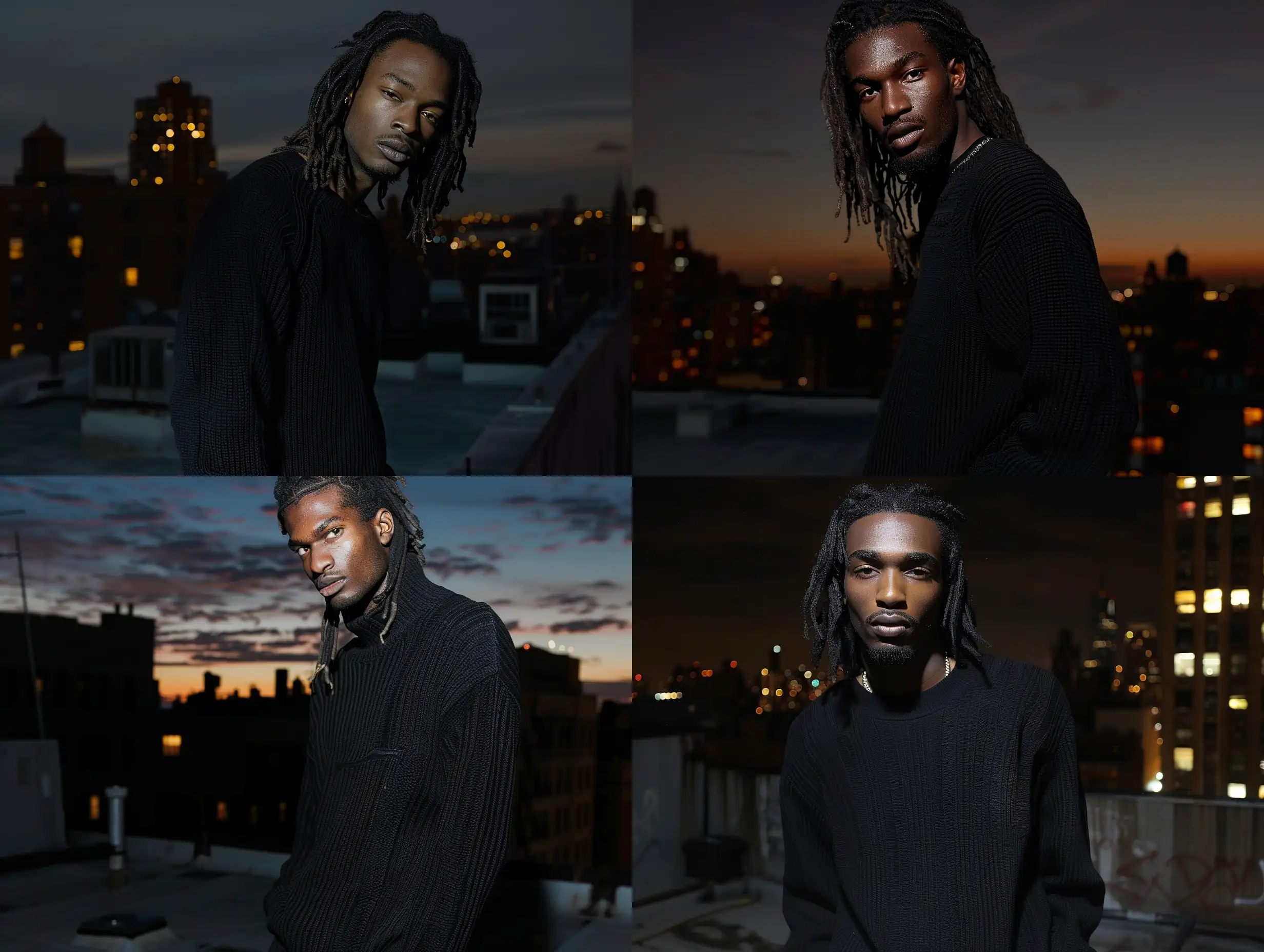 Tall, black artsy male model, hip-hop style, long hair, with black sweater, on a roof top in New York City at night