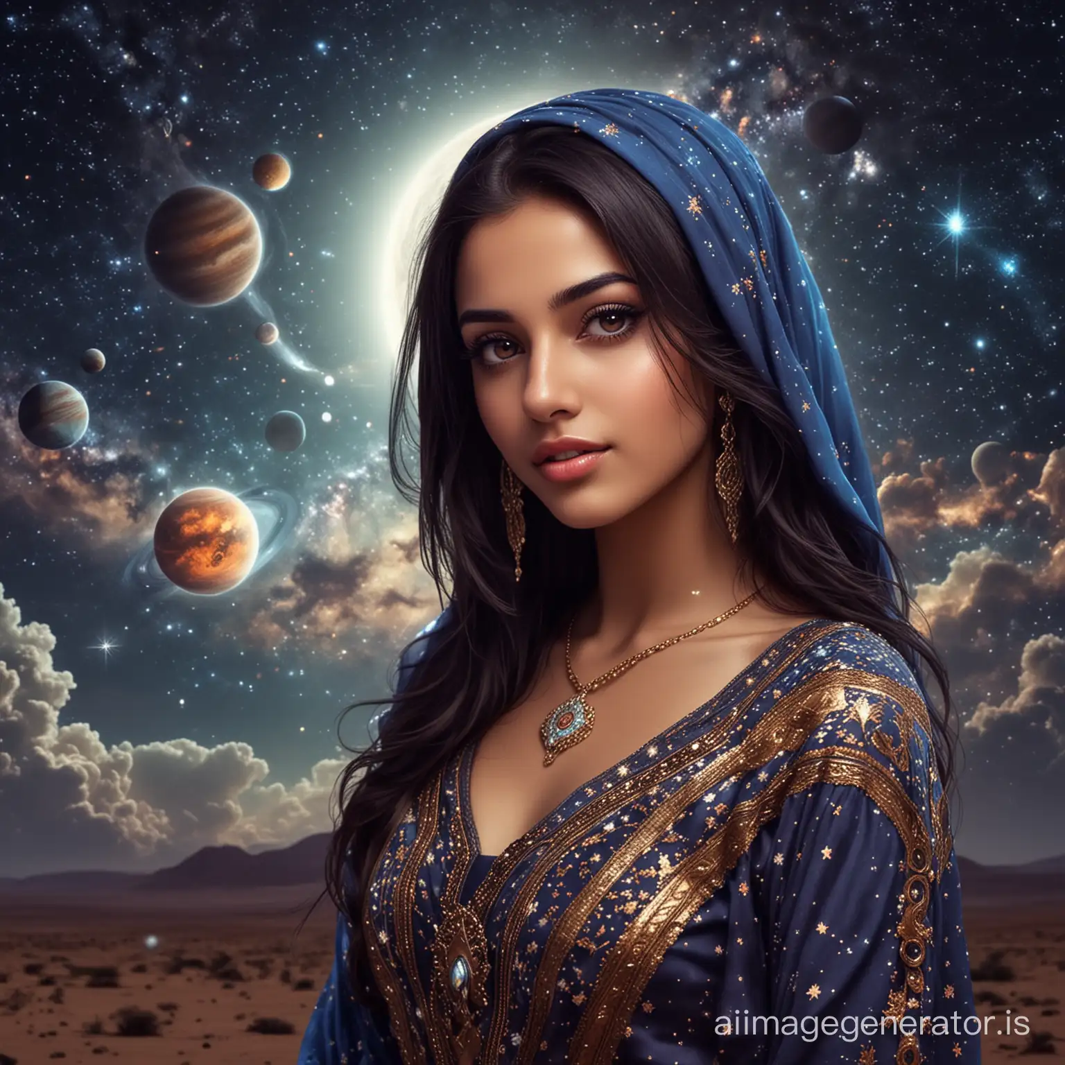  beautiful arab girl, magical beauty, Astrological universe, planets, night sky,